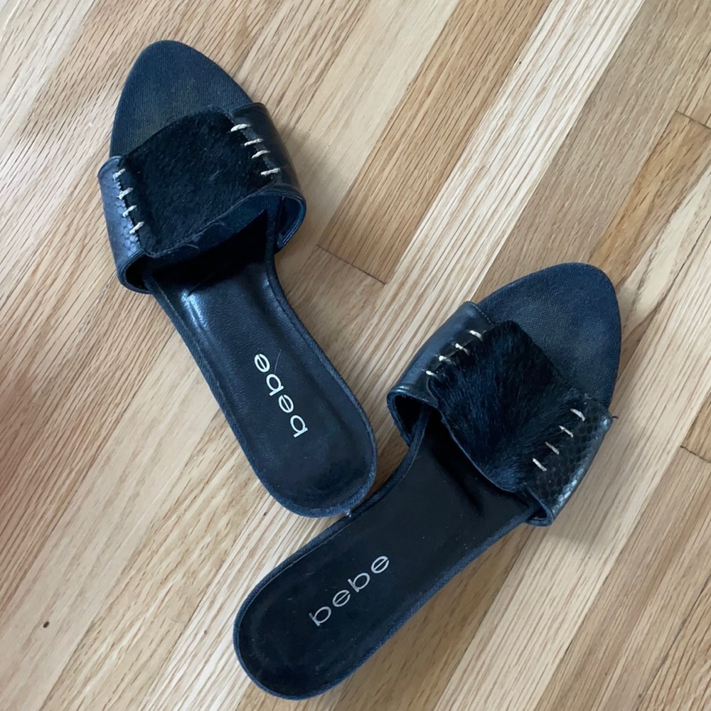 BEBE Black Mules 5.5B leather/calf hair